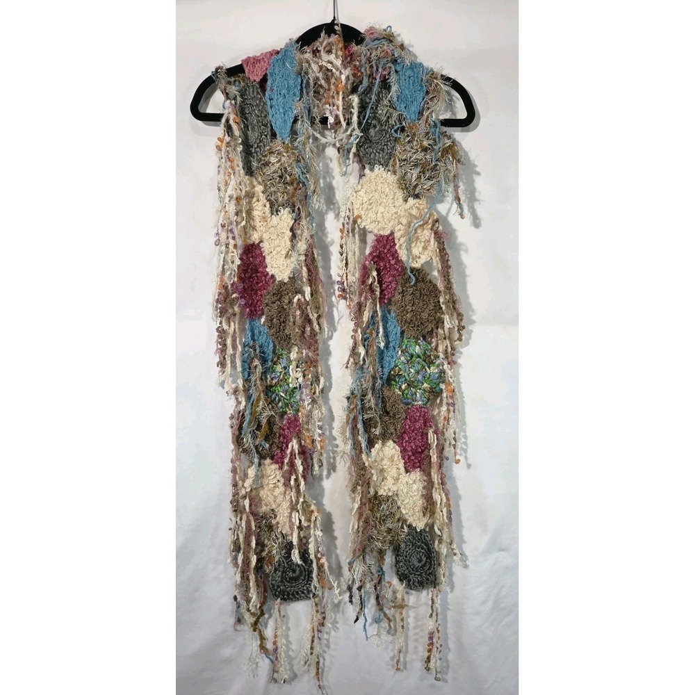 Steve Madden Crochet Scarf Womens Multicolor Boho Mixed Media Fringe Whimsigoth
